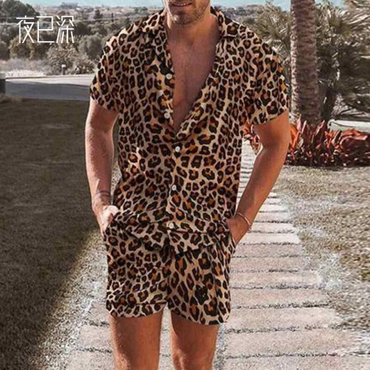 2023 Spring New Products Cross-border Exclusively For Independent Station Explosive Shirt Men&#039;s Loose Casual Two-piece Set Leopard Print Men&#039;s Clothing