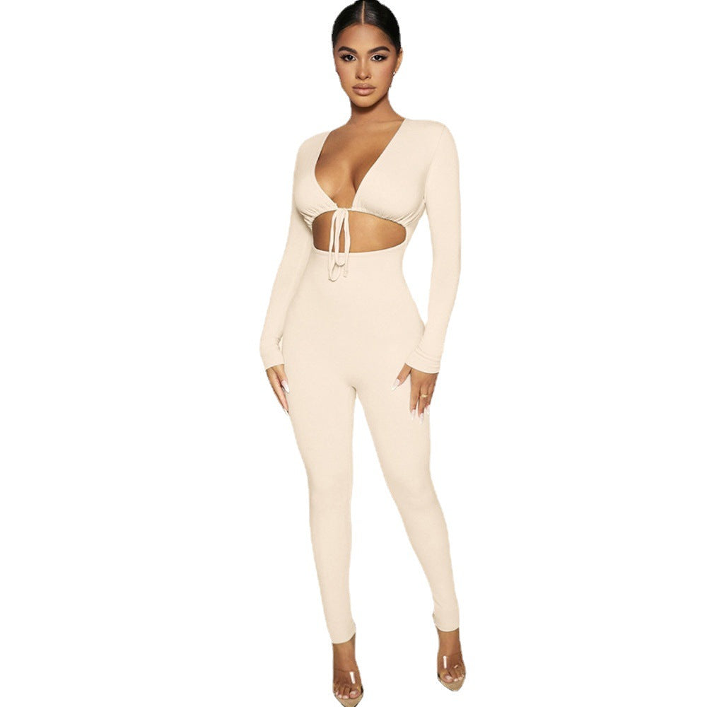 Women&#039;s New Solid Color Sexy Navel Lace-up Hollow Long Sleeve Slim-fit Pants