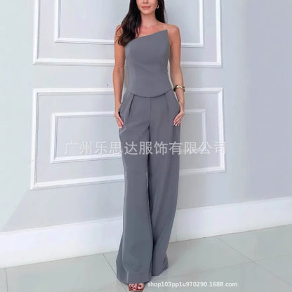 Women&#039;s Clothing High Waist Elegant Strapless Short Top High Waist Pocket Wide Leg Pants Suit Women