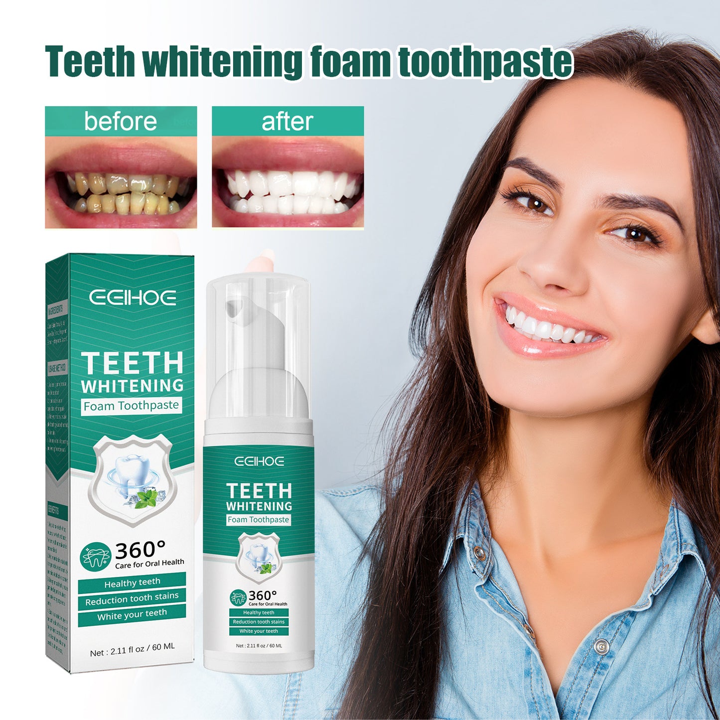 EELHOE Teeth Cleaning Mousse Deep Cleans Teeth Dirt Gums Care Fresh Breath Oral Care Toothpaste