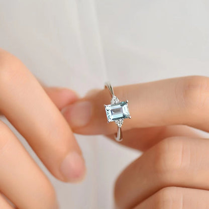 S925 Sterling Silver Square Ring Women&#039;s Niche Design Blue Aquamarine Finger Ring Fashion Light Luxury Open Finger Ring