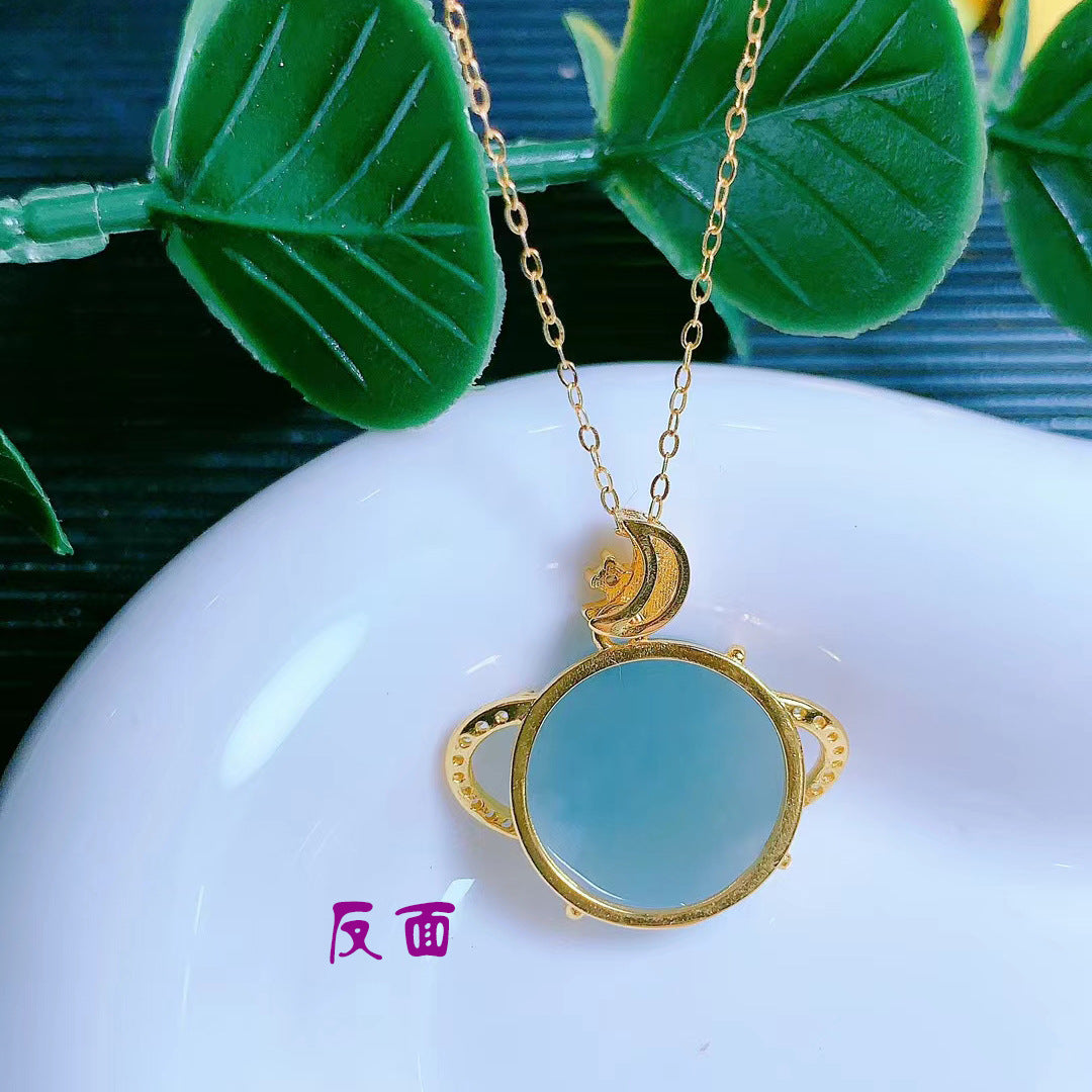 S925 Silver Gold-plated Natural Hetian Jade Jade A Goods Sun, Moon And Stars Pendant Necklace Ancient Light Luxury Clavicle Chain Batch