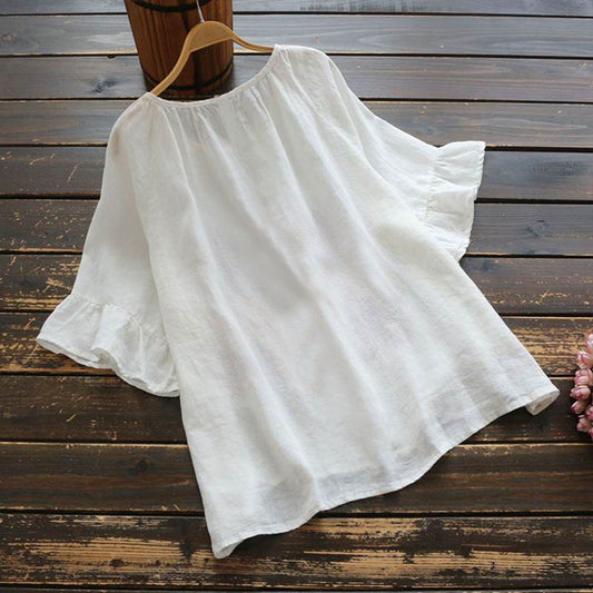 2021 New Arrival Retro Solid Color Short-sleeved Ruffle Top Summer Shirt Women&#039;s Cotton Linen Casual Shirt Top