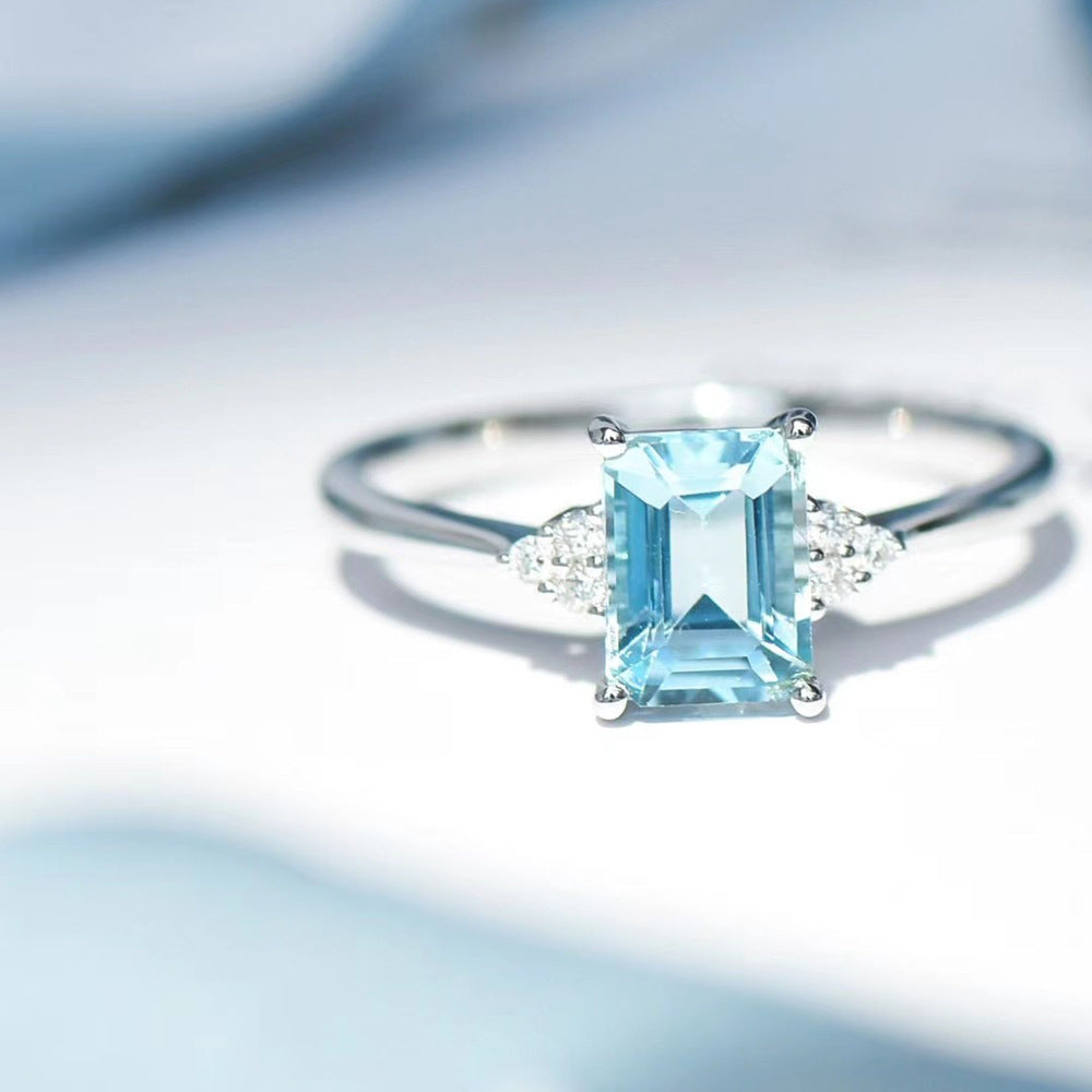 S925 Sterling Silver Square Ring Women&#039;s Niche Design Blue Aquamarine Finger Ring Fashion Light Luxury Open Finger Ring