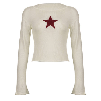 Ins Winter New Products Women&#039;s Clothing Hit Color Five-pointed Star Short Section Curling Edge Fashion Slightly Flared Long-sleeved Sweater T-shirt