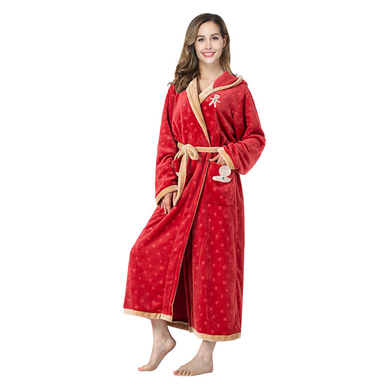 2022 Cross-border New Products Thickened And Long Red Hooded Lace-up Flannel Nightgown Embossed Star Dressing Gown