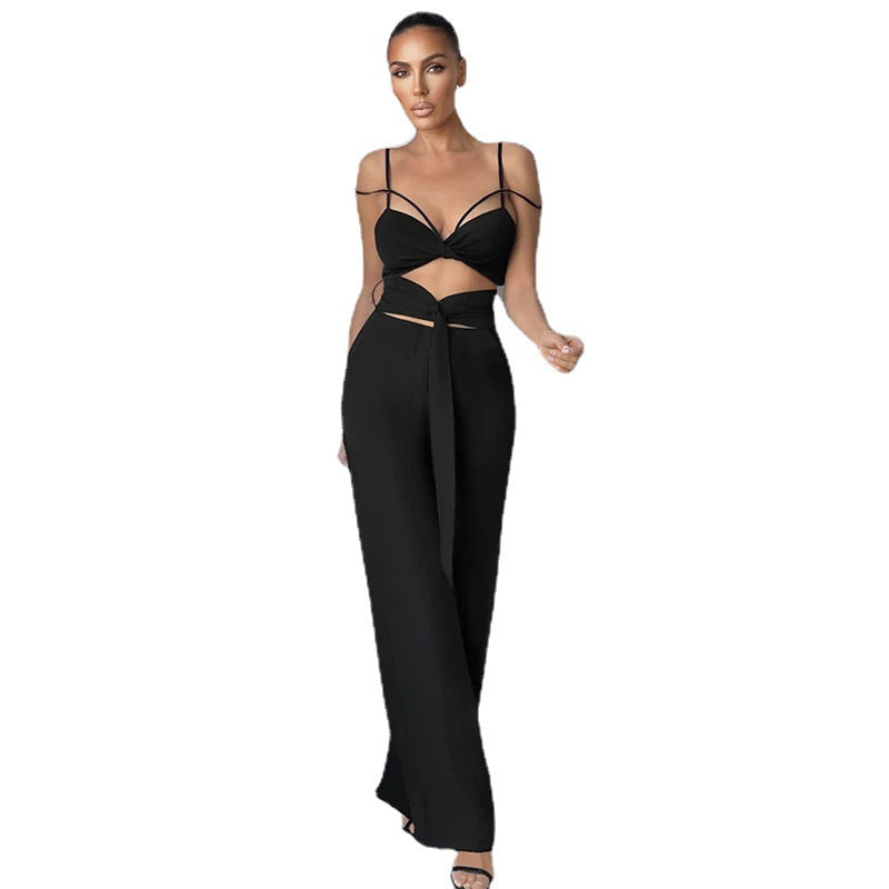 Autumn And Winter New Products White High-end Design Sling Wide-leg Jumpsuit With Belt Large Size Women&#039;s Pants