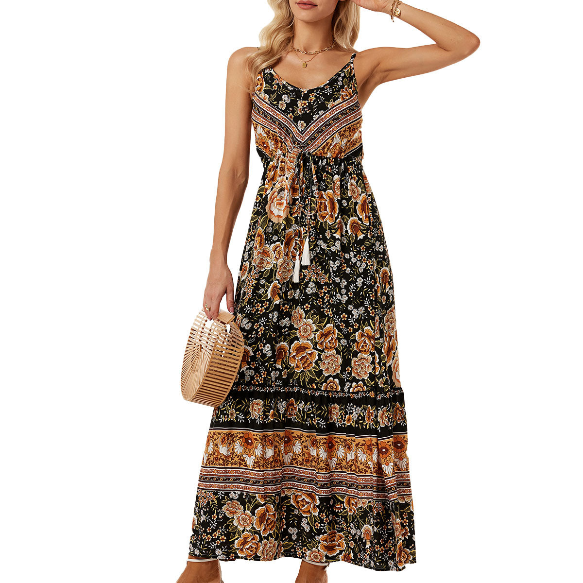 Amazon New Women&#039;s Cross-border New Foreign Trade Bohemian Sling Dress Printed Holiday Beach Dress