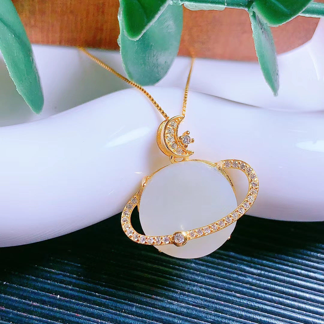 S925 Silver Gold-plated Natural Hetian Jade Jade A Goods Sun, Moon And Stars Pendant Necklace Ancient Light Luxury Clavicle Chain Batch