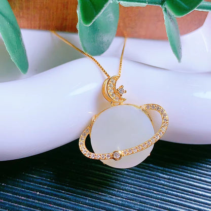 S925 Silver Gold-plated Natural Hetian Jade Jade A Goods Sun, Moon And Stars Pendant Necklace Ancient Light Luxury Clavicle Chain Batch