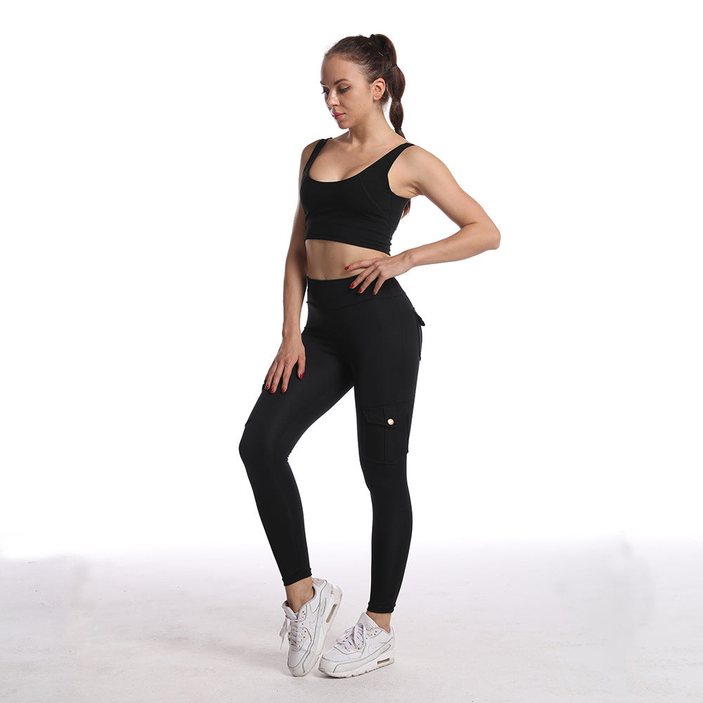 Breathable Hip Lifting Button Pocket Sports Brushed Nude Yoga Slimming Tight Leggings