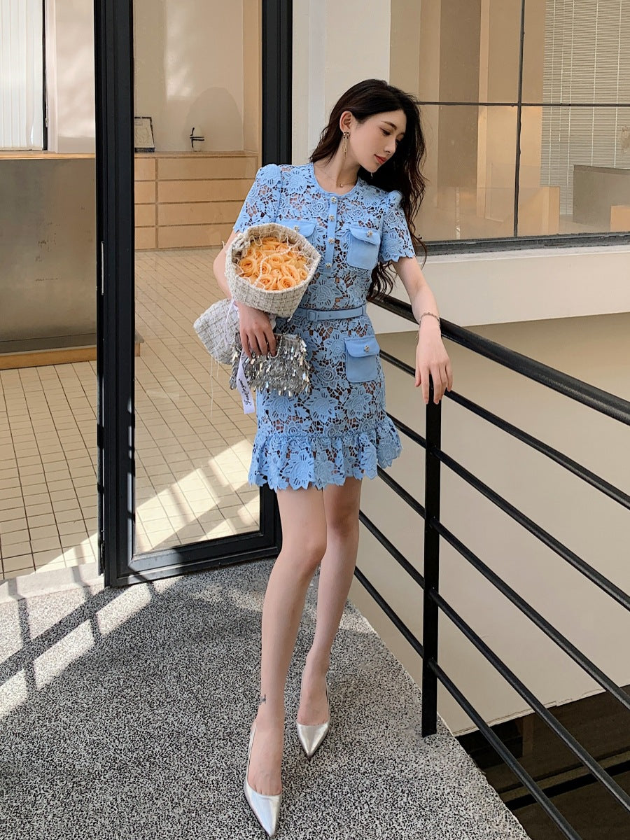 Blue Soluble Lace High Waist Slim Short Sleeve Round Neck Dress Spring Summer New Arrival Elegant A-Line Skirt Polyester Fabric