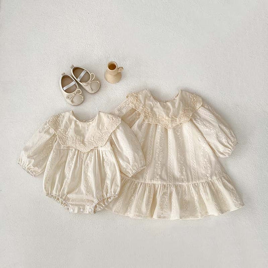 2024 Korean Style Baby Jumpsuit Spring And Autumn New Solid Color Triangle Khaki Doll Collar Baby Girl Embroidered Skirt