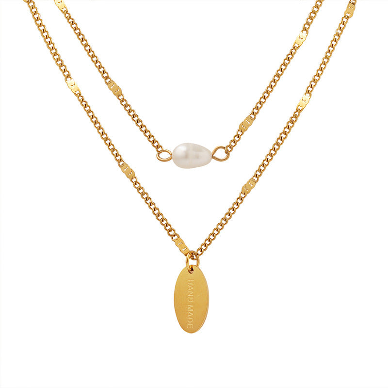 European And American Personality Temperament Fashion Handmade Oval Brand Freshwater Pearl Multi-Layer Stacked Necklace Women&#039;s Titanium Steel P749