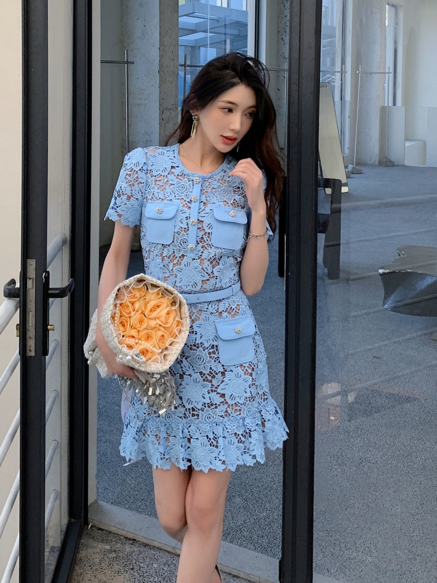 Blue Soluble Lace High Waist Slim Short Sleeve Round Neck Dress Spring Summer New Arrival Elegant A-Line Skirt Polyester Fabric