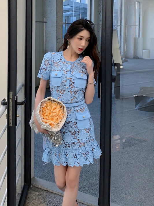 Blue Soluble Lace High Waist Slim Short Sleeve Round Neck Dress Spring Summer New Arrival Elegant A-Line Skirt Polyester Fabric