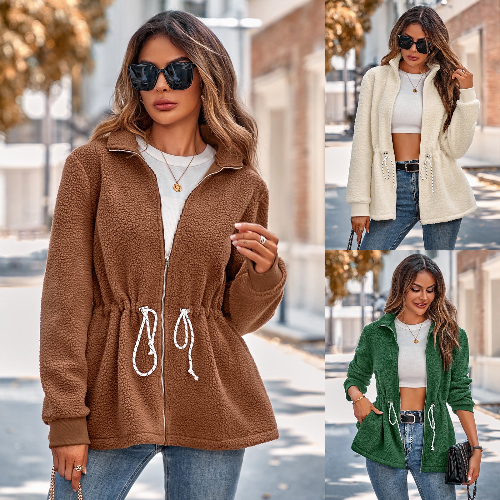 Winter Casual Women&#039;s Clothing  European And American New Products Stand-up Collar Solid Color Strap Waist Long-sleeved Plush Jacket
