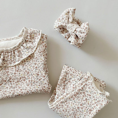 Spring And Autumn Baby Small Floral Baby Suit Baby Girl&#039;s Ruffle Collar Home Wear Bottoming Hair Band Three-piece Set