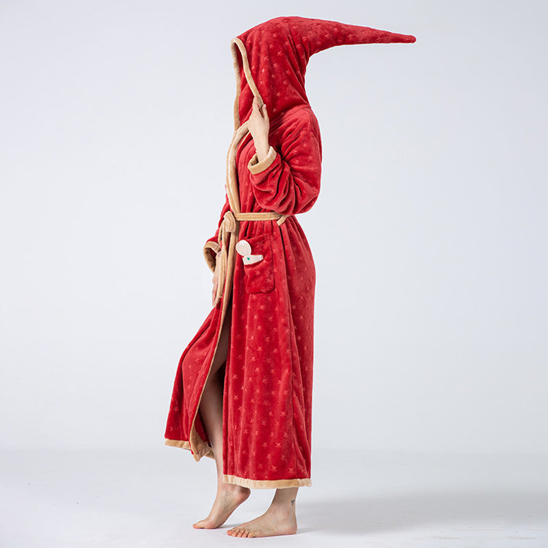 2022 Cross-border New Products Thickened And Long Red Hooded Lace-up Flannel Nightgown Embossed Star Dressing Gown