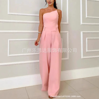 Women&#039;s Clothing High Waist Elegant Strapless Short Top High Waist Pocket Wide Leg Pants Suit Women