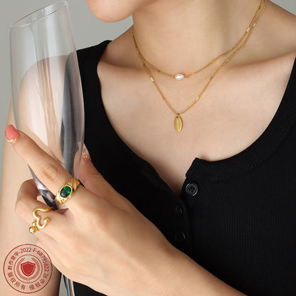 European And American Personality Temperament Fashion Handmade Oval Brand Freshwater Pearl Multi-Layer Stacked Necklace Women&#039;s Titanium Steel P749