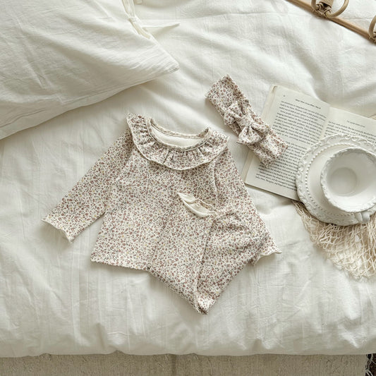 Spring And Autumn Baby Small Floral Baby Suit Baby Girl&#039;s Ruffle Collar Home Wear Bottoming Hair Band Three-piece Set