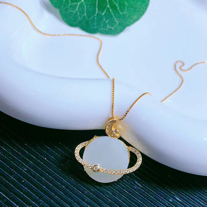 S925 Silver Gold-plated Natural Hetian Jade Jade A Goods Sun, Moon And Stars Pendant Necklace Ancient Light Luxury Clavicle Chain Batch