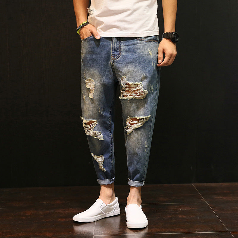 Spring And Autumn Ripped Cropped Pants Men&#039;s Loose Jeans Japanese Style Skinny Student Plus Size Cropped Beggar Pants Trendy 5198