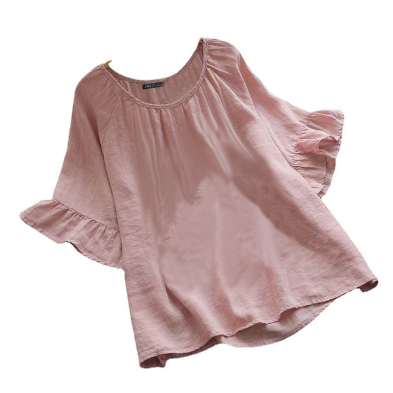 2021 New Arrival Retro Solid Color Short-sleeved Ruffle Top Summer Shirt Women&#039;s Cotton Linen Casual Shirt Top