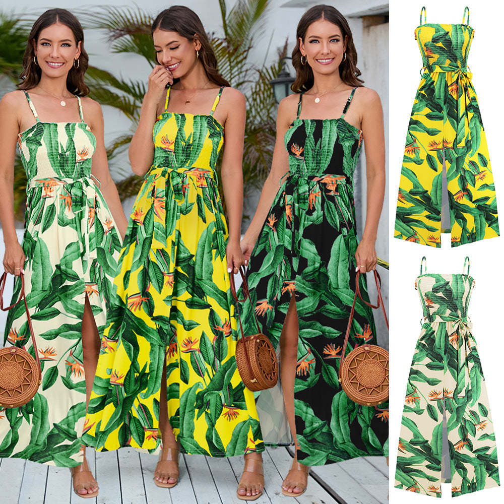 New Arrival Summer Women&#039;s Clothes 2023 Hawaiian Print Dress Sexy Suspenders Slit Long Skirt