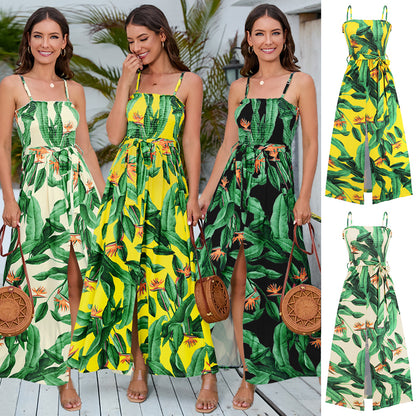 New Arrival Summer Women&#039;s Clothes 2023 Hawaiian Print Dress Sexy Suspenders Slit Long Skirt