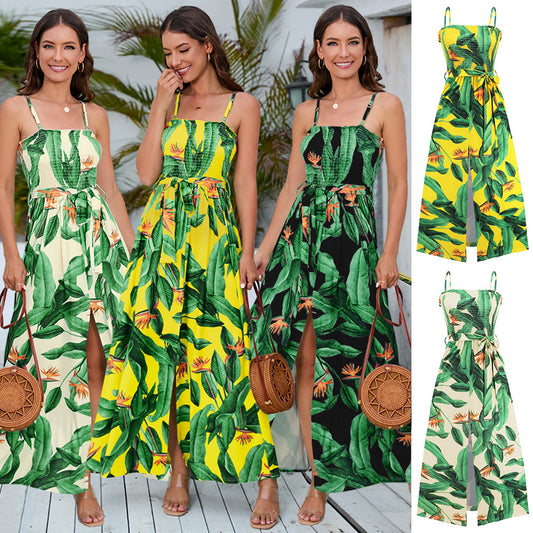 New Arrival Summer Women&#039;s Clothes 2023 Hawaiian Print Dress Sexy Suspenders Slit Long Skirt