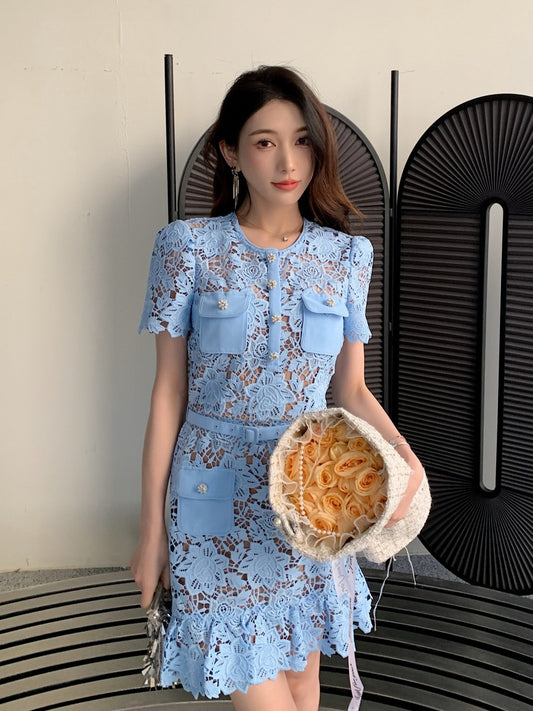 Blue Soluble Lace High Waist Slim Short Sleeve Round Neck Dress Spring Summer New Arrival Elegant A-Line Skirt Polyester Fabric