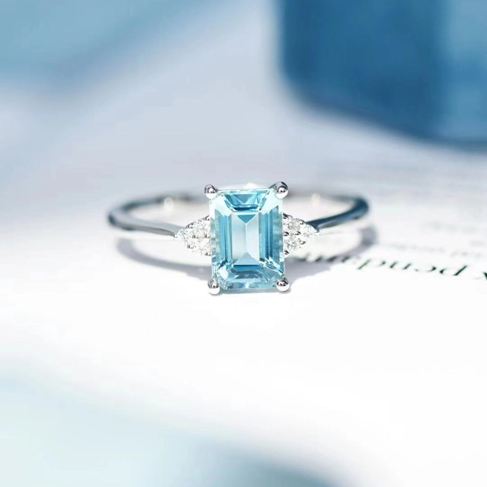 S925 Sterling Silver Square Ring Women&#039;s Niche Design Blue Aquamarine Finger Ring Fashion Light Luxury Open Finger Ring