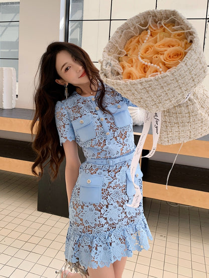 Blue Soluble Lace High Waist Slim Short Sleeve Round Neck Dress Spring Summer New Arrival Elegant A-Line Skirt Polyester Fabric
