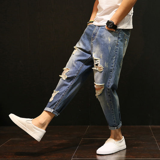 Spring And Autumn Ripped Cropped Pants Men&#039;s Loose Jeans Japanese Style Skinny Student Plus Size Cropped Beggar Pants Trendy 5198