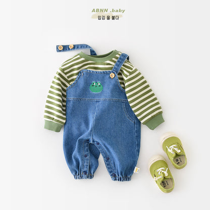Spring New Baby Denim Overalls Baby Cartoon Frog Series 0-3 Years Old Washed Denim Pants