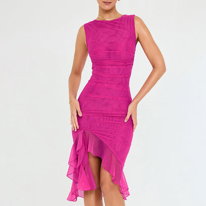 New Fashion Mesh Tight Backless Irregular Pleated Dress Summer Women