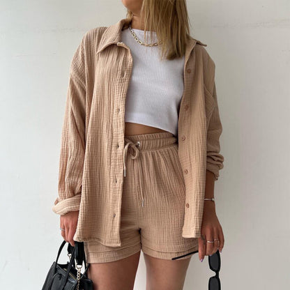 Women&#039;s Two-piece Ruffle Lapel Long Sleeve Shirt High Waist Drawstring Shorts Plus Size Fashion Casual Suit