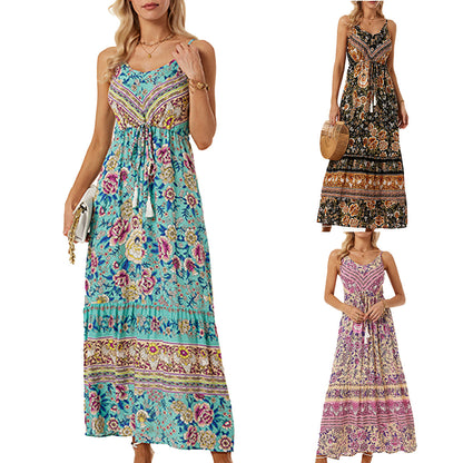 Amazon New Women&#039;s Cross-border New Foreign Trade Bohemian Sling Dress Printed Holiday Beach Dress