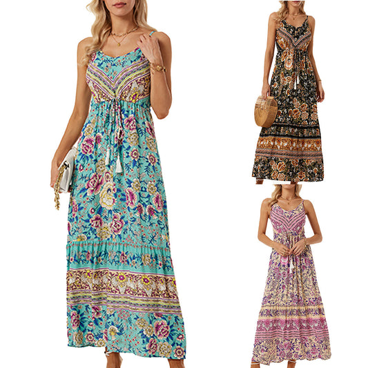 Amazon New Women&#039;s Cross-border New Foreign Trade Bohemian Sling Dress Printed Holiday Beach Dress