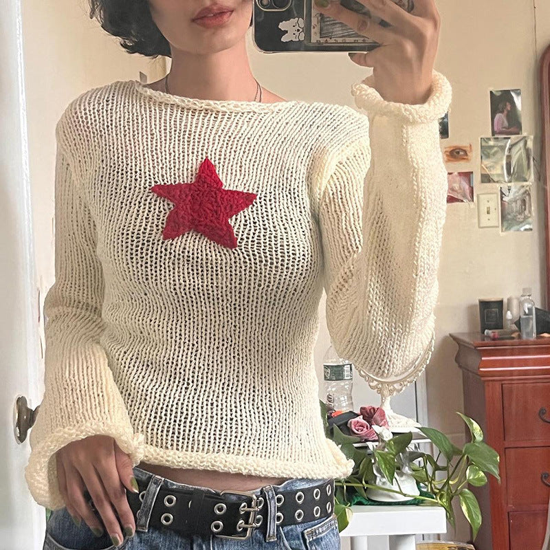 Ins Winter New Products Women&#039;s Clothing Hit Color Five-pointed Star Short Section Curling Edge Fashion Slightly Flared Long-sleeved Sweater T-shirt