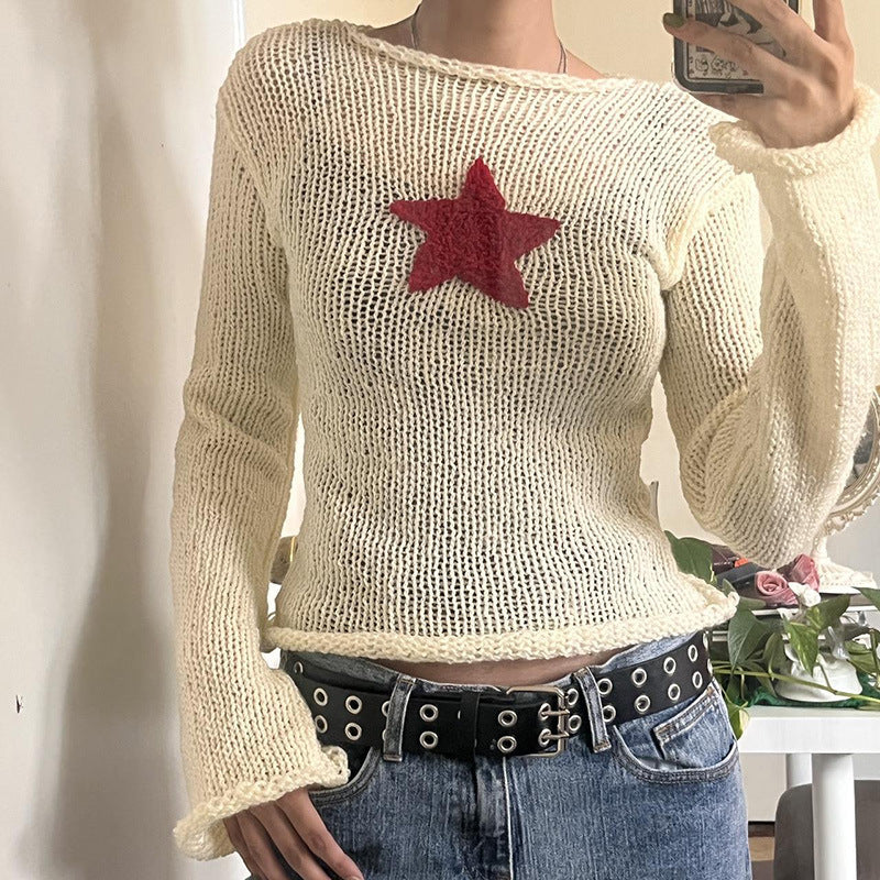 Ins Winter New Products Women&#039;s Clothing Hit Color Five-pointed Star Short Section Curling Edge Fashion Slightly Flared Long-sleeved Sweater T-shirt