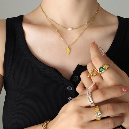 European And American Personality Temperament Fashion Handmade Oval Brand Freshwater Pearl Multi-Layer Stacked Necklace Women&#039;s Titanium Steel P749