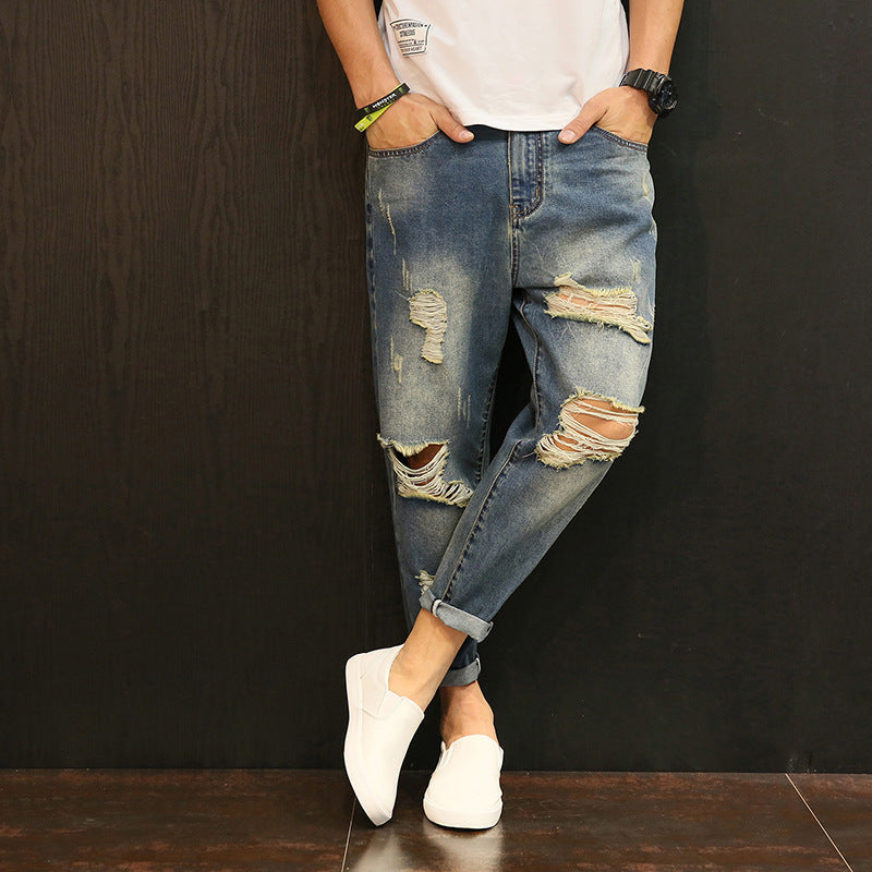 Spring And Autumn Ripped Cropped Pants Men&#039;s Loose Jeans Japanese Style Skinny Student Plus Size Cropped Beggar Pants Trendy 5198
