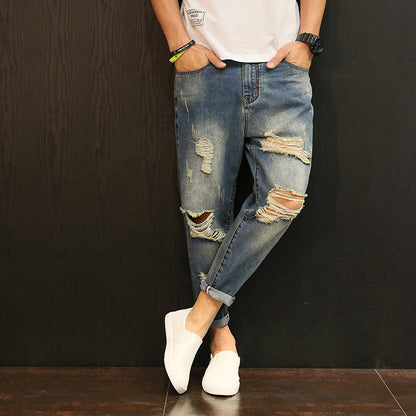 Spring And Autumn Ripped Cropped Pants Men&#039;s Loose Jeans Japanese Style Skinny Student Plus Size Cropped Beggar Pants Trendy 5198