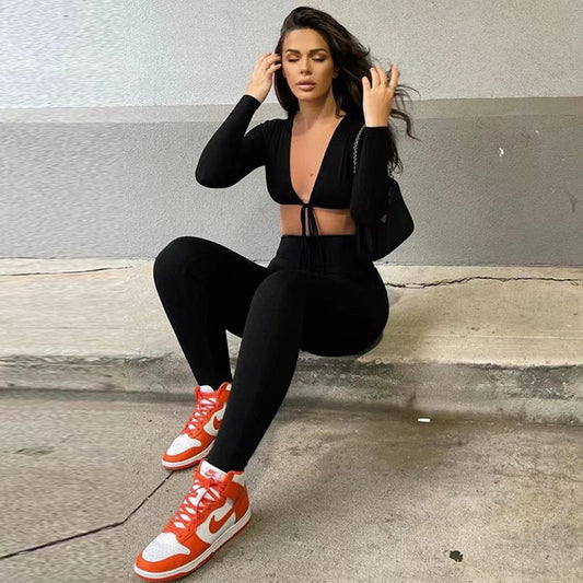 Women&#039;s New Solid Color Sexy Navel Lace-up Hollow Long Sleeve Slim-fit Pants