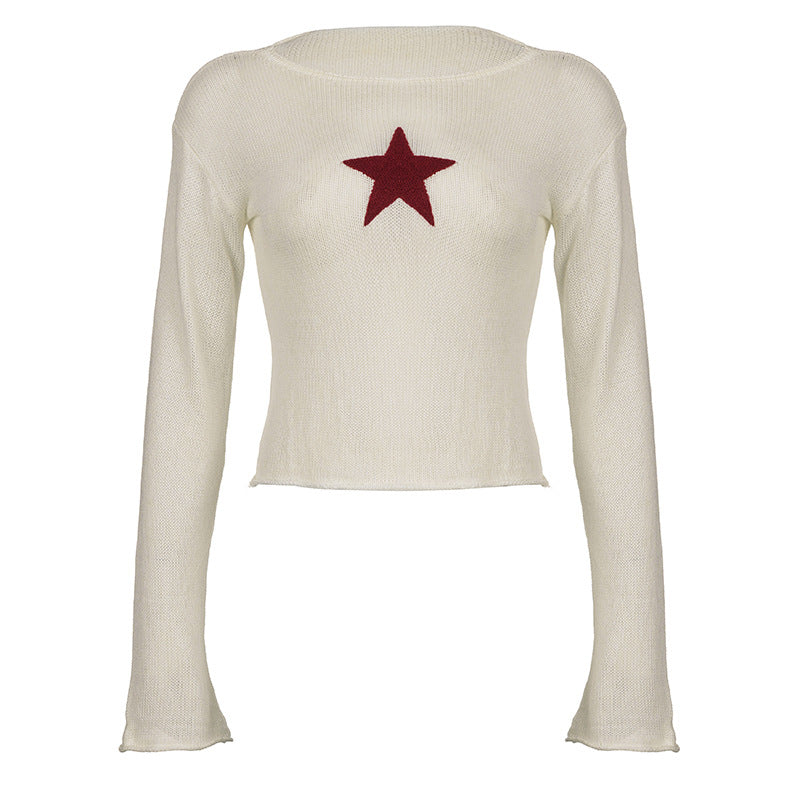 Ins Winter New Products Women&#039;s Clothing Hit Color Five-pointed Star Short Section Curling Edge Fashion Slightly Flared Long-sleeved Sweater T-shirt