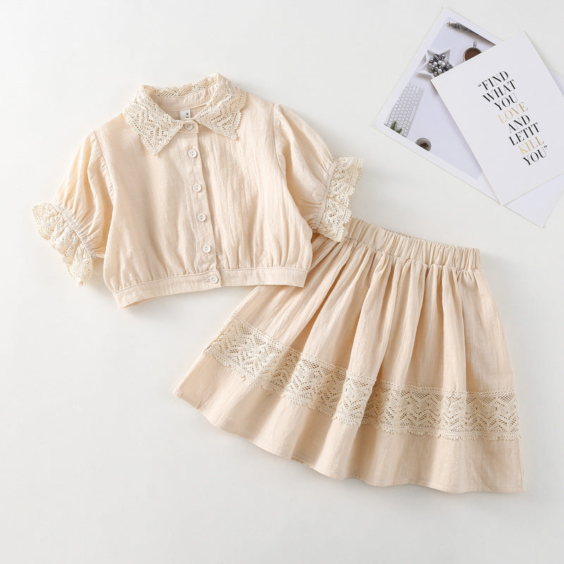 Girls Casual Suit Summer New Arrival Little Girl Lace Shirt Skirt Two-piece Set
