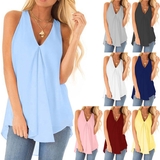 New Summer New Hot Style Hem Loose Sleeveless Solid Color Top Chiffon Shirt